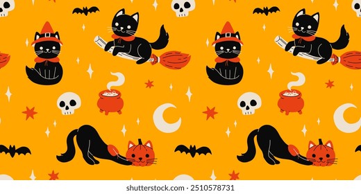 Halloween cats. Black kitten with witch hat, broom and head pumpkin. Witch cauldron, crescent moon and stars, skull vector set of happy cat halloween costume seamless pattern