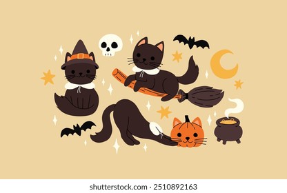 Gatos de Halloween. Gatito negro con sombrero de bruja, escoba y cabeza de calabaza. Caldero de bruja, luna creciente y estrellas, conjunto de Vector de cráneo de feliz gato halloween traje ilustración