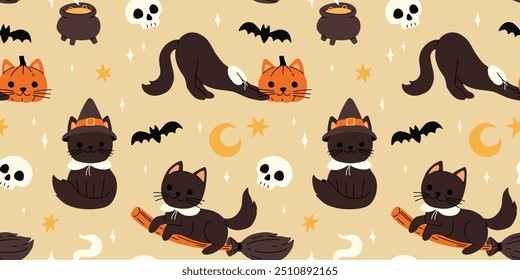 Halloween cats. Black kitten with witch hat, broom and head pumpkin. Witch cauldron, crescent moon and stars, skull vector set of happy cat halloween costume seamless pattern