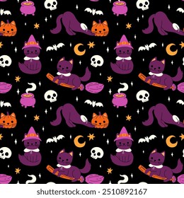 Halloween cats. Black kitten with witch hat, broom and head pumpkin. Witch cauldron, crescent moon and stars, skull vector set of happy cat halloween costume seamless pattern