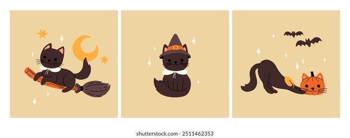 Halloween cats. Black kitten with witch hat, broom and head pumpkin. Witch cauldron, crescent moon and stars, skull vector set of happy cat halloween costume illustration