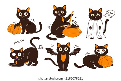 Halloween cats. Black cats with a pumpkin, in costumes and with a potion. Flat vector illustration