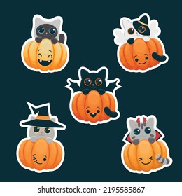 Halloween cats in carnival costumes with smiling pumpkins. Bright sir vector illustrations. 