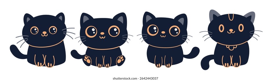 Halloween cats characters clipart set. Cute black cat animal drawing clip art with different pose for horror, spooky, scary and skittish Halloween character collection vector illustration.  
