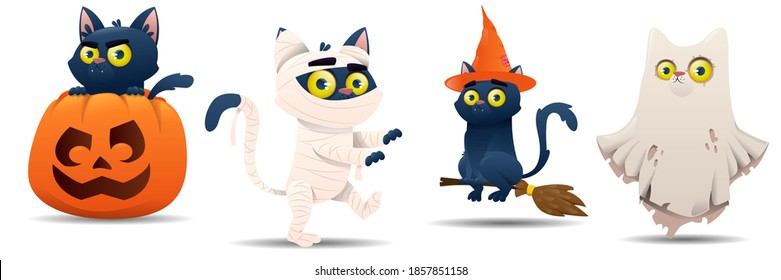 Halloween cats and colorful Halloween costumes. Cats are dressed in a witch, pumpkin, ghost, zombie, skeleton, death costume. Halloween outfit collection. Vector illustration