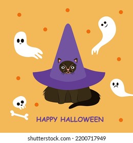 Halloween Cats Costume Party. Funny halloween cat in witch hat with ghosts vector illustration for card or invitation design.