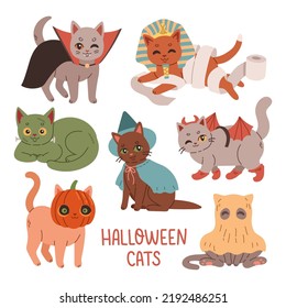 Fiesta de disfraces de gatos de Halloween. Ilustración y vectores de grupos de gatos con disfraces de halloween