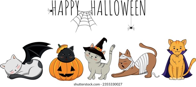 Halloween Cats Costume Party. Illustration of group of cats in Halloween costumes.