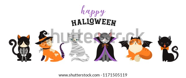 Halloween Cats Costume Party.\
Illustration and vector elements of group of cats in halloween\
costumes