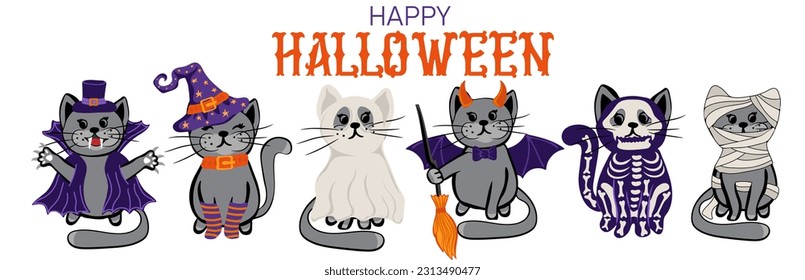 Halloween Cats Costume Party. Set of cute cats in spooky outfits. Vector illustration.