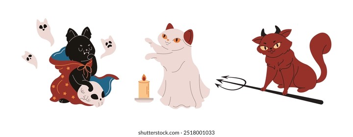 Halloween gatos em trajes de cor plana personagens vetoriais conjunto