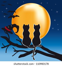 Halloween - cats couple looks at the full moon in the night sky