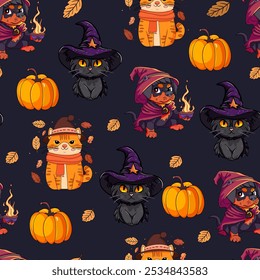 Halloween Cats and Dogs in Witch Hats with Pumpkins and Leaves Pattern. Cute Witch Cats and Dogs with Pumpkins Autumn Seamless Design