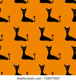 Halloween Cats - Hand Drawn Doodle Seamless Pattern / Background. Vector Illustration