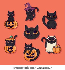 halloween cats icon set on red background