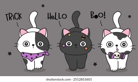 Halloween cats kitten playing. Series: Groovy Retro cartoon kawaii (trick or treaters) drawing Kids party holiday festival. Perfect makes a wish for background and shirt design.