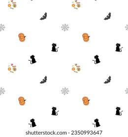 Halloween cats, pumpkins, bats, sweets seamless pattern. Vector design with varied halloween elements on white scattered background. Fun spooky backdrop. Repeat for kids, Treat or Treat products