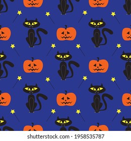 Halloween cats and pumpkins on blue background for greetings. Seamless pattern. Vector illustration.