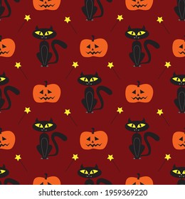 Halloween cats and pumpkins on dark red background for greetings. Seamless pattern. Vector illustration.