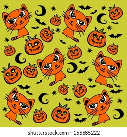 Halloween cats and pumpkins on a green background.