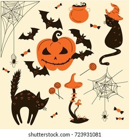 Gatos de Halloween e abóboras. Objeto de doces ou travessuras