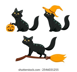 Halloween cats set. Symbol of holiday of fear and horror. Black kitten in witch hat, broomstick and pumpkin. Scary pet. Flat vector collection isolated on white background