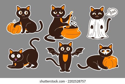 Halloween cats stickers. Black cats with a pumpkin, in costumes and with a potion. Flat vector illustration