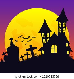 Halloween Cats,Graves,Bats and dark castle on Yellow Moon background.