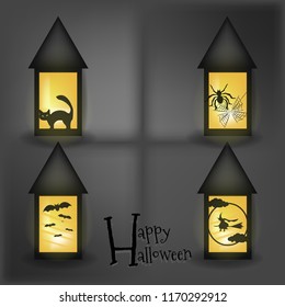 halloween cat,spider,bat,witch in lamp background vector
