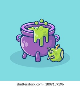 Halloween Cauldron and Apple Vector Illustration. Halloween Decoration Concept. Flat Cartoon Style Suitable for Sticker, Wallpaper, Icon, Landing Page, Web.