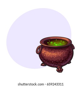 Halloween cauldron with boiling green potion inside, sketch style vector illustration with space for text. Hand drawn, sketch style caldron, caulron, witchcraft accessory, Halloween object