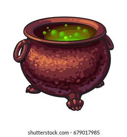 Halloween cauldron with boiling green potion inside, sketch style vector illustration isolated on white background. Hand drawn, sketch style caldron, caulron, witchcraft accessory, Halloween object