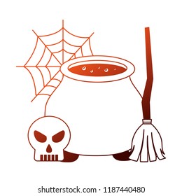 halloween cauldron with broom witch and skull