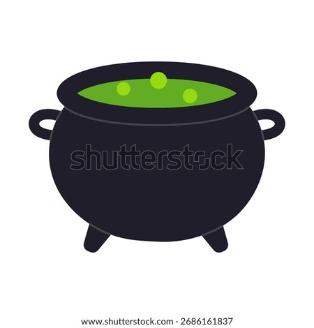 Halloween cauldron with bubbling green potion, spooky witch symbol perfect for magical themes, haunted parties and seasonal, festive decorations. Isolated background. Flat vector. Hand drawn.