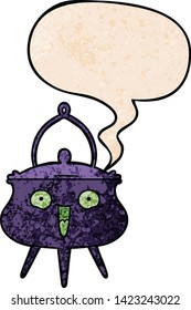 halloween cauldron cartoon with speech bubble in retro texture style