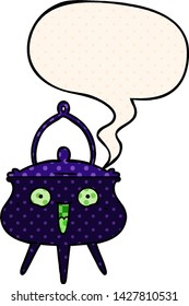 halloween cauldron cartoon with speech bubble in comic book style