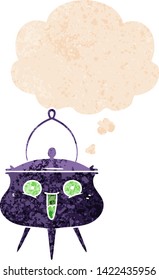 halloween cauldron cartoon with thought bubble in grunge distressed retro textured style