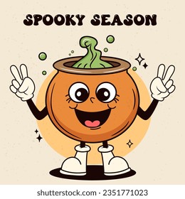 Halloween cauldron character in groovy retro style. Vector stock illustration. 