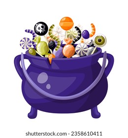 Halloween cauldron full of candy. Halloween candy pot. Autumn treats for Halloween for children. Lollipops in cauldron. Vector illustration isolated on white background.