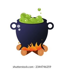 Halloween cauldron with a green potion boiling inside. Cauldron with a magic potion on wood.Vector illustration.