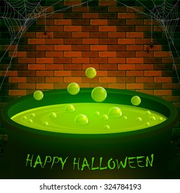 Halloween cauldron with green potion and bubbles, spiders on a brick wall background, illustration.