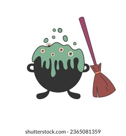 Halloween cauldron with green potion and witch's broom.Vector illustration.