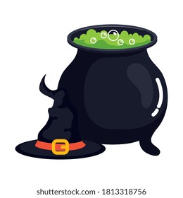 halloween, cauldron and hat witch on white background vector illustration design