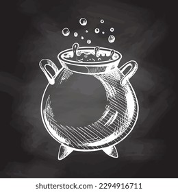 Halloween cauldron  isolated  on chalkboard  background. Hand drawn vector sketch doodle graphic illustration. Halloween party, holiday, cloth, print, icon, logo, paper, decor.