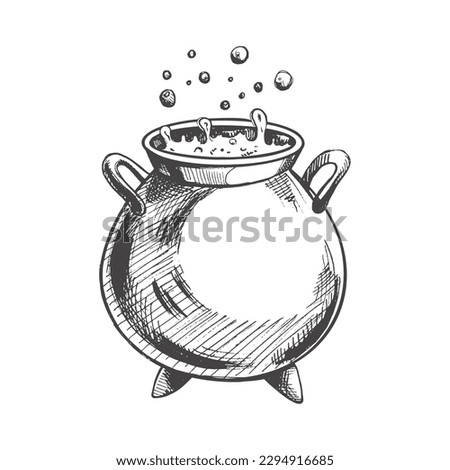 Halloween cauldron  isolated  on white background. Hand drawn vector sketch doodle graphic illustration. Halloween party, holiday, cloth, print, icon, logo, paper, decor.