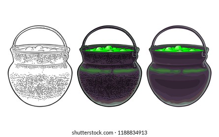 Halloween cauldron. Magic Pot with bubbles. Vector color vintage engraving and flat illustration. Isolated on white background