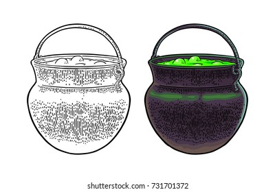 Halloween cauldron. Magic Pot with bubbles. Vector color vintage engraving illustration. Isolated on white background