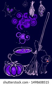 Halloween, cauldron with magic potion, ingredients and tools, pumpkins,  cat, vector illustration