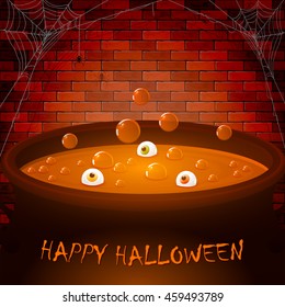 Halloween cauldron on a brick wall background with potion, bubbles and eyes, illustration.