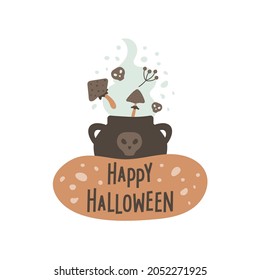 Halloween cauldron with poison, fly agaric, skulls and smoke. Handwritten text on abstract shape. Vector card, poster, print with pot and mystical mushrooms.